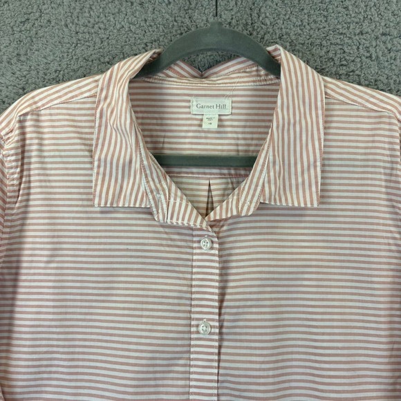 Garnet Hill Shirt Sz 18 Organic Pima Beachy Pink Striped Button Up Long Sleeve - Picture 2 of 12